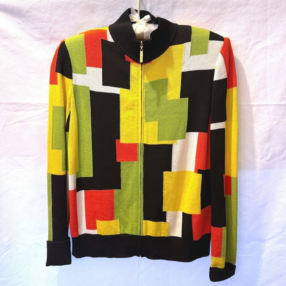 St John Sport Geometric Colorblock Wool Blend‎ Zip Up Cardigan Sweater Small
